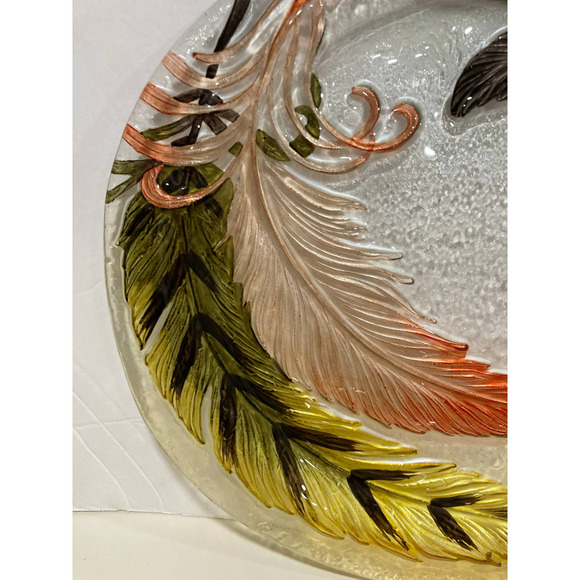 Oval Glass tray Inlayed with Feathers 15"x 12" - Picture 3 of 7
